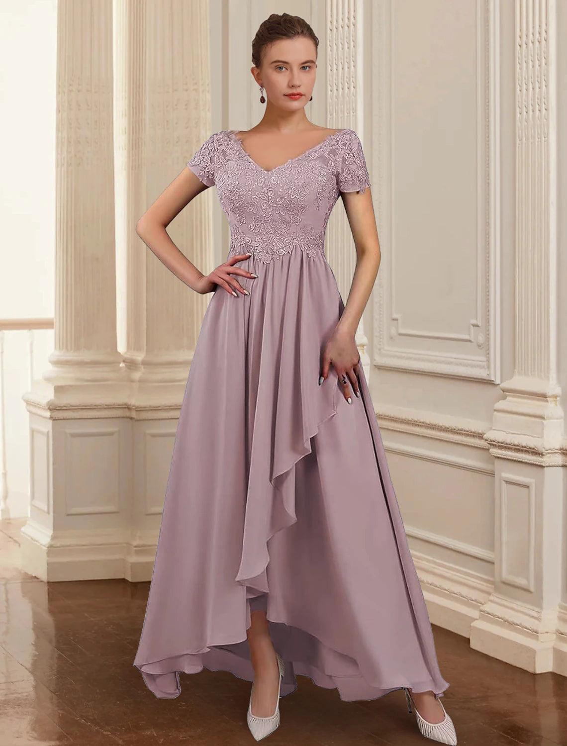 Vestido de dos piezas de corte A para madre de la novia, elegante, formal, para invitada de boda, escote en V alto bajo, asimétrico, largo hasta los tobillos, de gasa, con encaje, mangas 3/4, chaqueta, vestidos con apliques